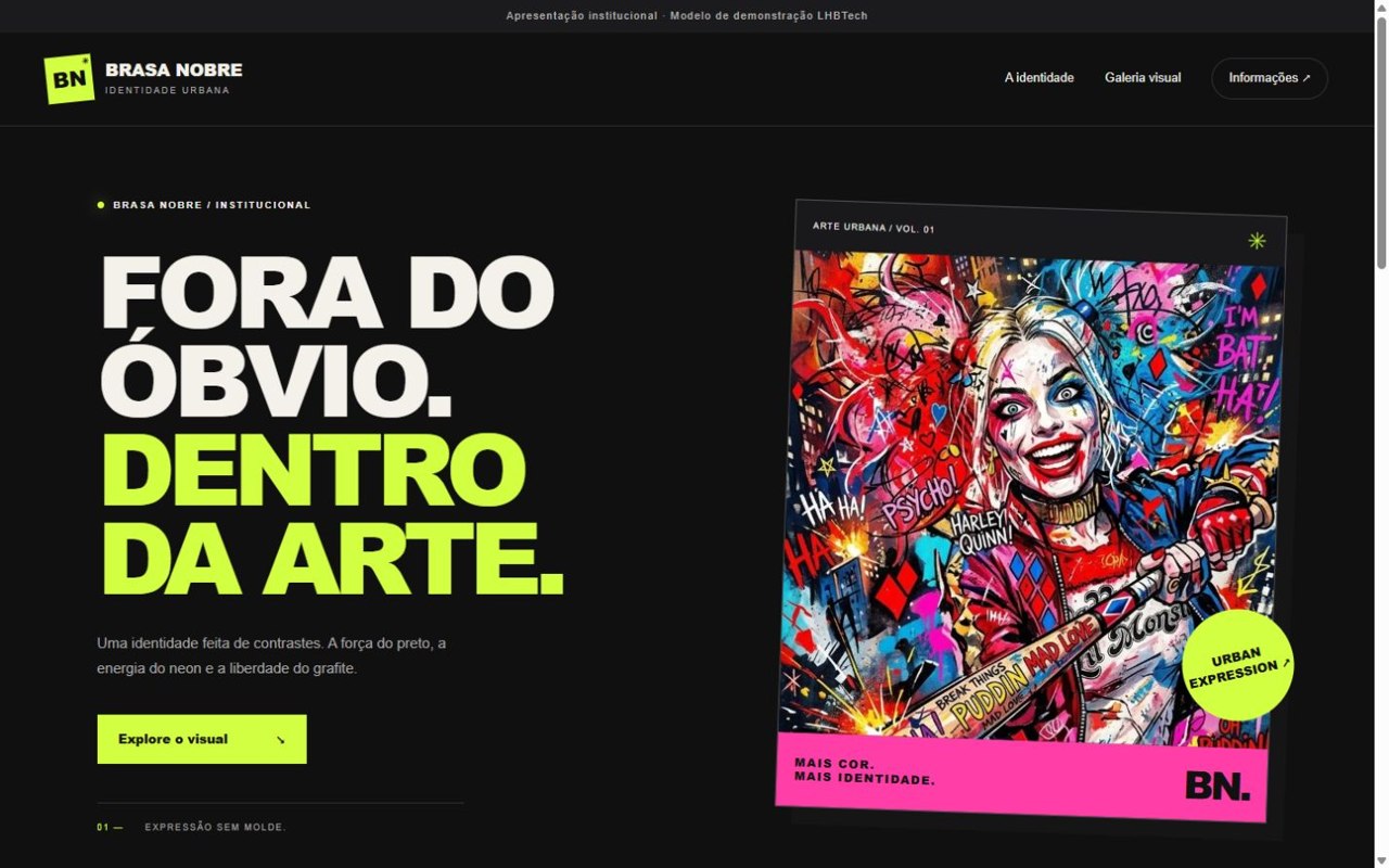 Captura real do site institucional Brasa Nobre, com tipografia neon e arte em grafite